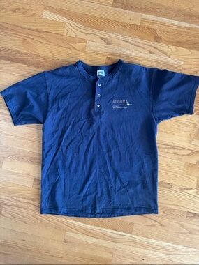 Algoma Wisconsin Navy Short Sleeve Shirt 100% Cotton - vintage travel boat